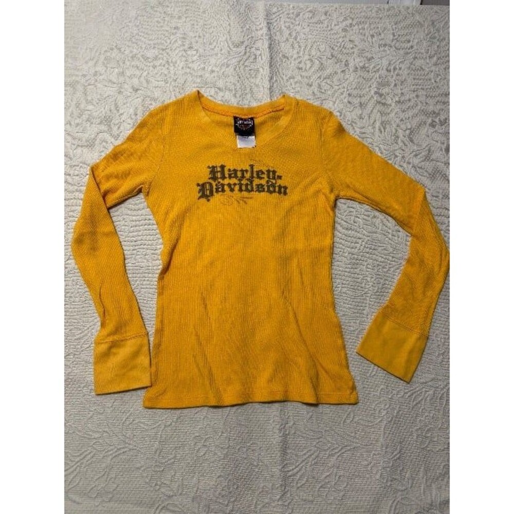 Vintage Harley Davidson Yellow Waffle Knit Winged Dagger Graphic Thermal